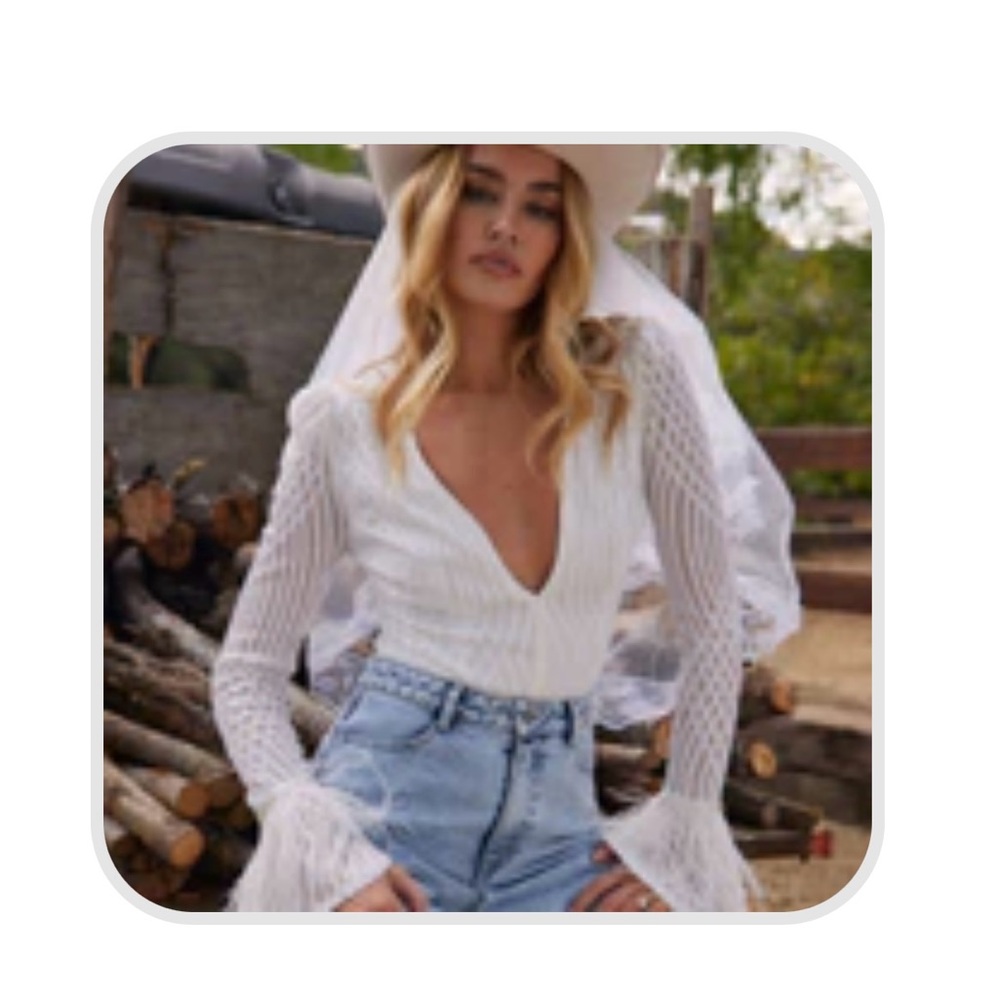 12th Tribe White Lace Deep V Bodysuit with Feather Trim